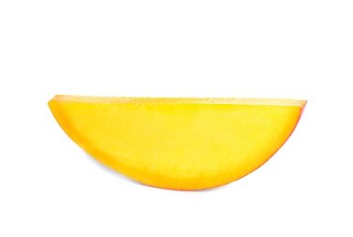 Photo of Juicy mango slice on white background. Tropical fruit