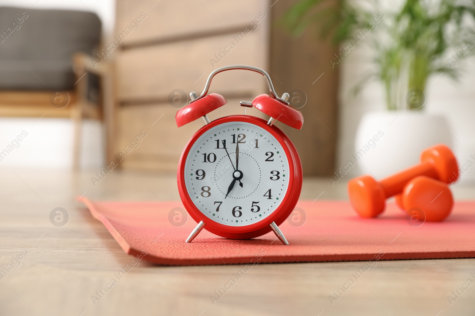 Photo of Alarm clock, yoga mat and dumbbells on wooden floor indoors. Morning exercise