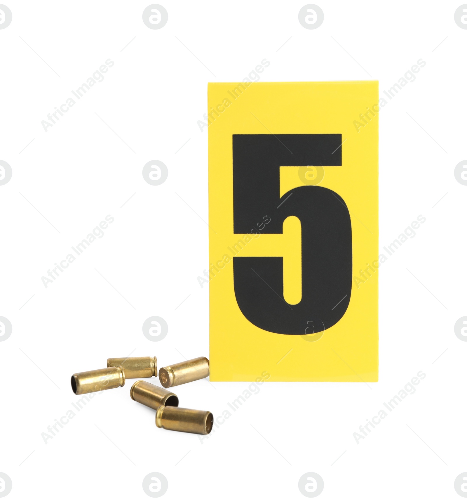 Photo of Shell casings and crime scene marker with number five isolated on white