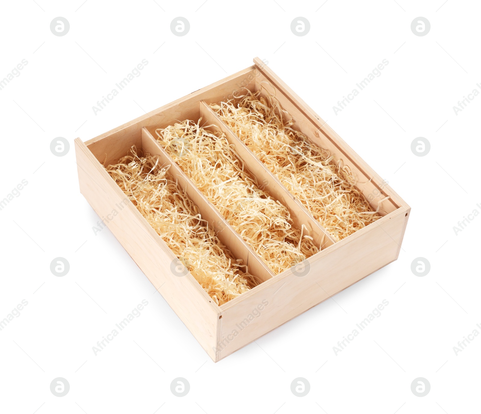 Photo of Open wooden wine box with straw isolated on white