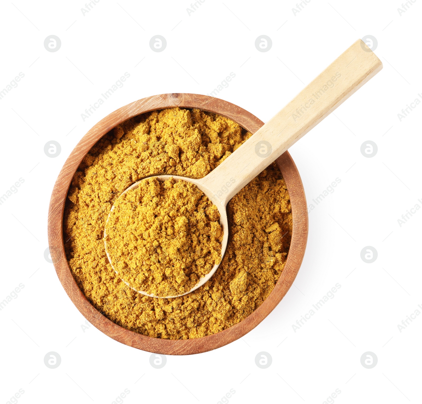 Photo of Dry curry powder in bowl and spoon isolated on white, top view