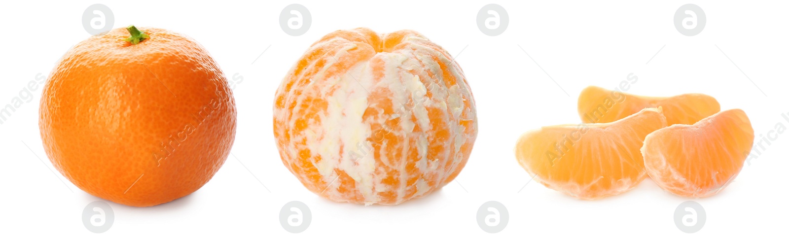 Image of Set with fresh ripe tangerines on white background. Banner design