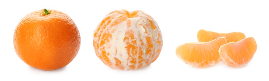 Image of Set with fresh ripe tangerines on white background. Banner design