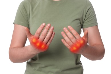 Arthritis symptoms. Woman suffering from pain in hands on white background, closeup