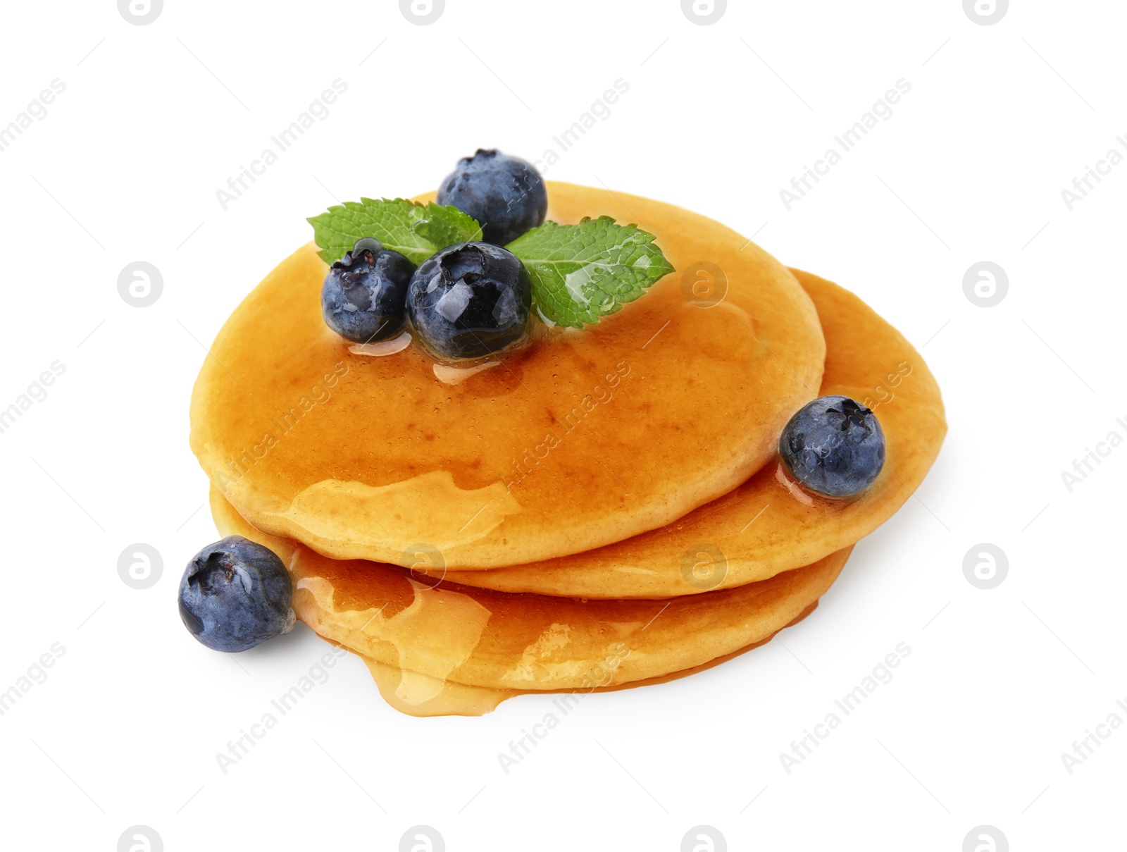 Photo of Tasty pancakes with blueberries and honey isolated on white