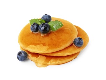 Photo of Tasty pancakes with blueberries and honey isolated on white