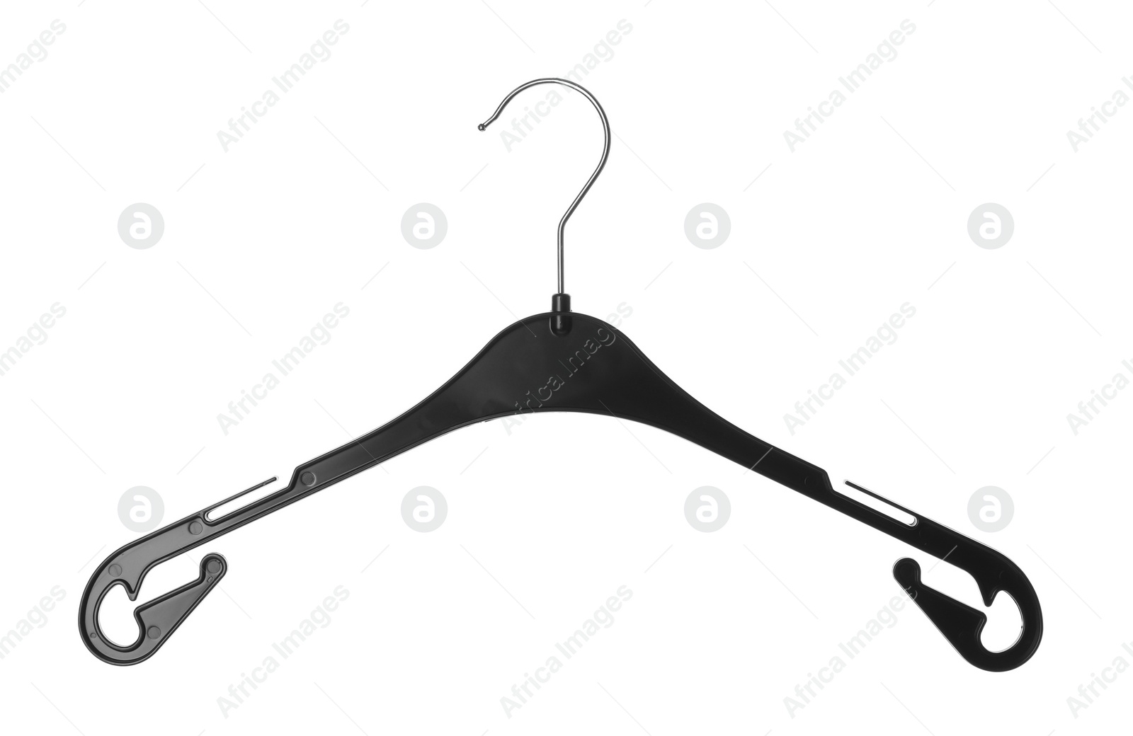 Photo of Empty hanger on white background. Wardrobe accessory