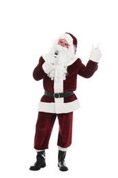 Santa Claus singing with microphone on white background. Christmas music