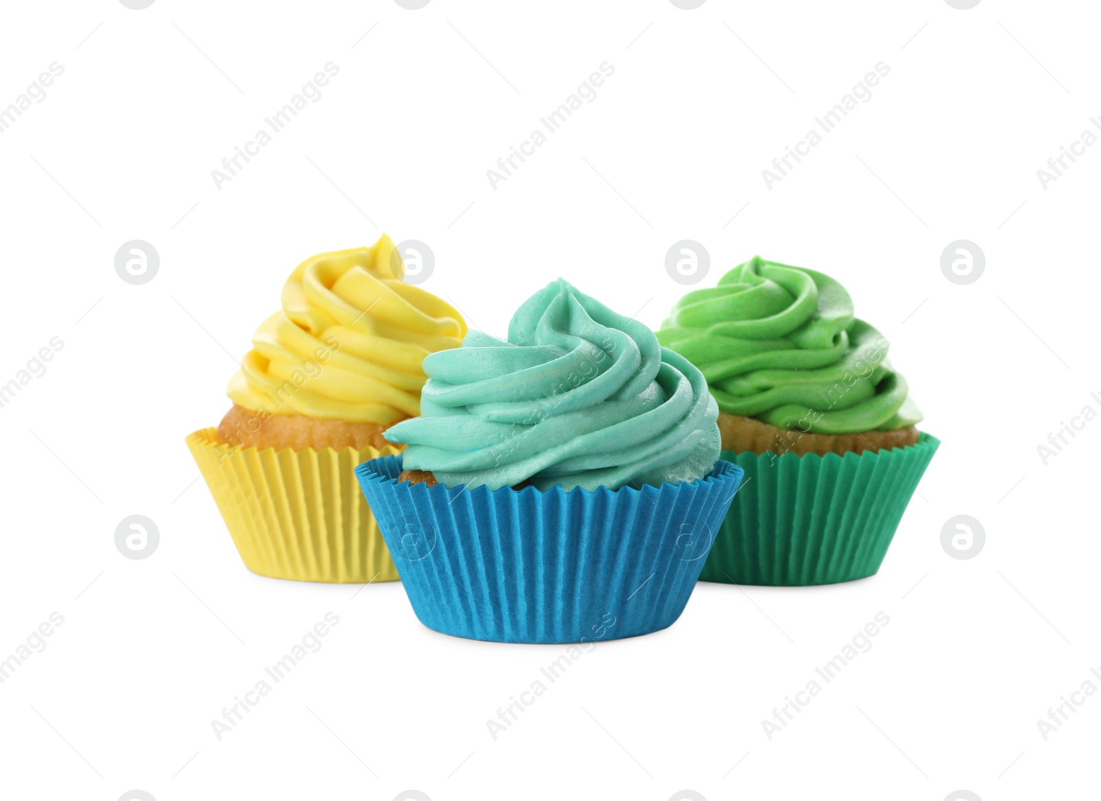 Photo of Delicious birthday cupcakes decorated with cream isolated on white