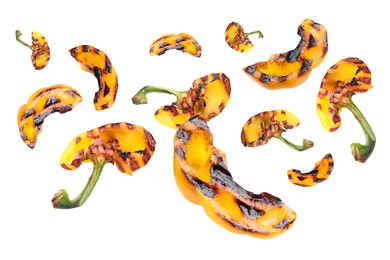 Image of Slices of grilled bell peppers in air on white background