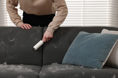 Photo of Pet shedding. Man with lint roller removing dog's hair from sofa at home, closeup