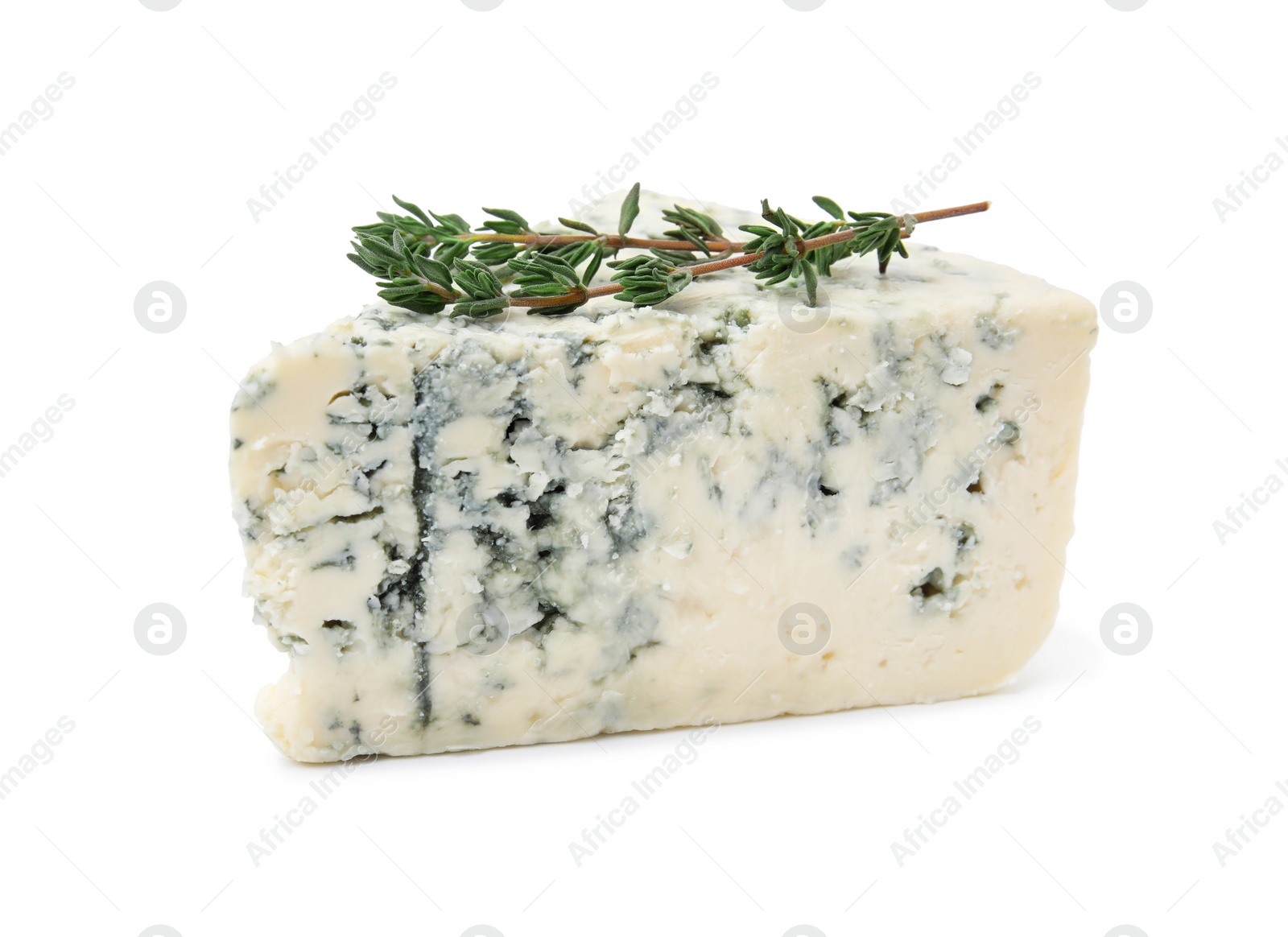 Photo of Tasty blue cheese with thyme isolated on white