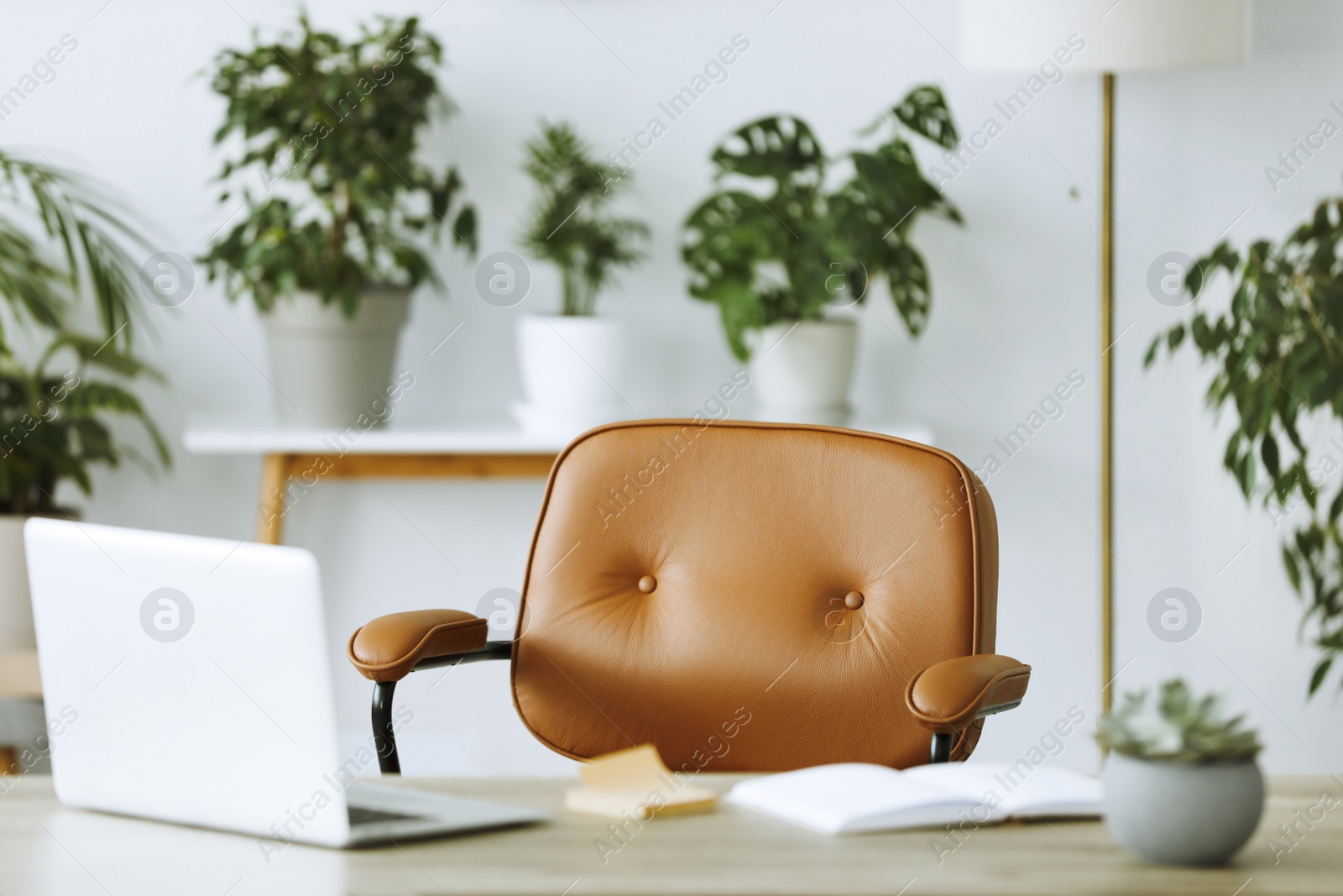 Photo of Comfortable workplace with modern laptop on wooden table in room. Interior design