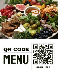 Scan QR code for contactless menu. Set of different delicious appetizers on plate, closeup