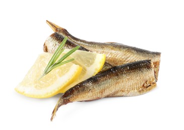 Photo of Tasty canned sprats, lemon and rosemary isolated on white