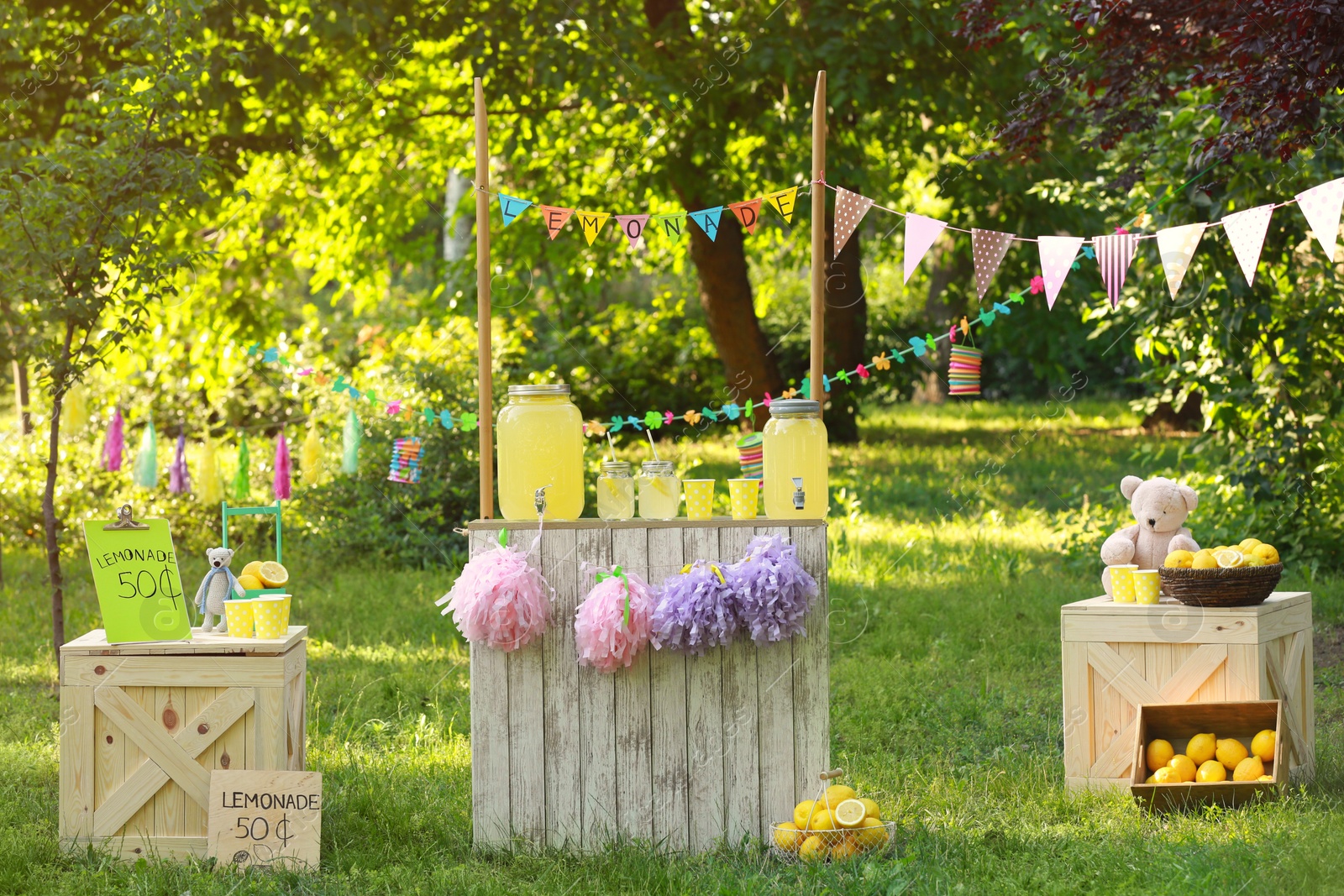 Photo of Decorated lemonade stand in park. Summer refreshing natural drink