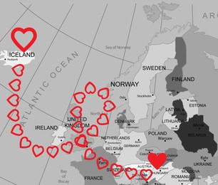 Illustration of Love in long-distance relationship. Connecting line of red hearts between European countries on world map