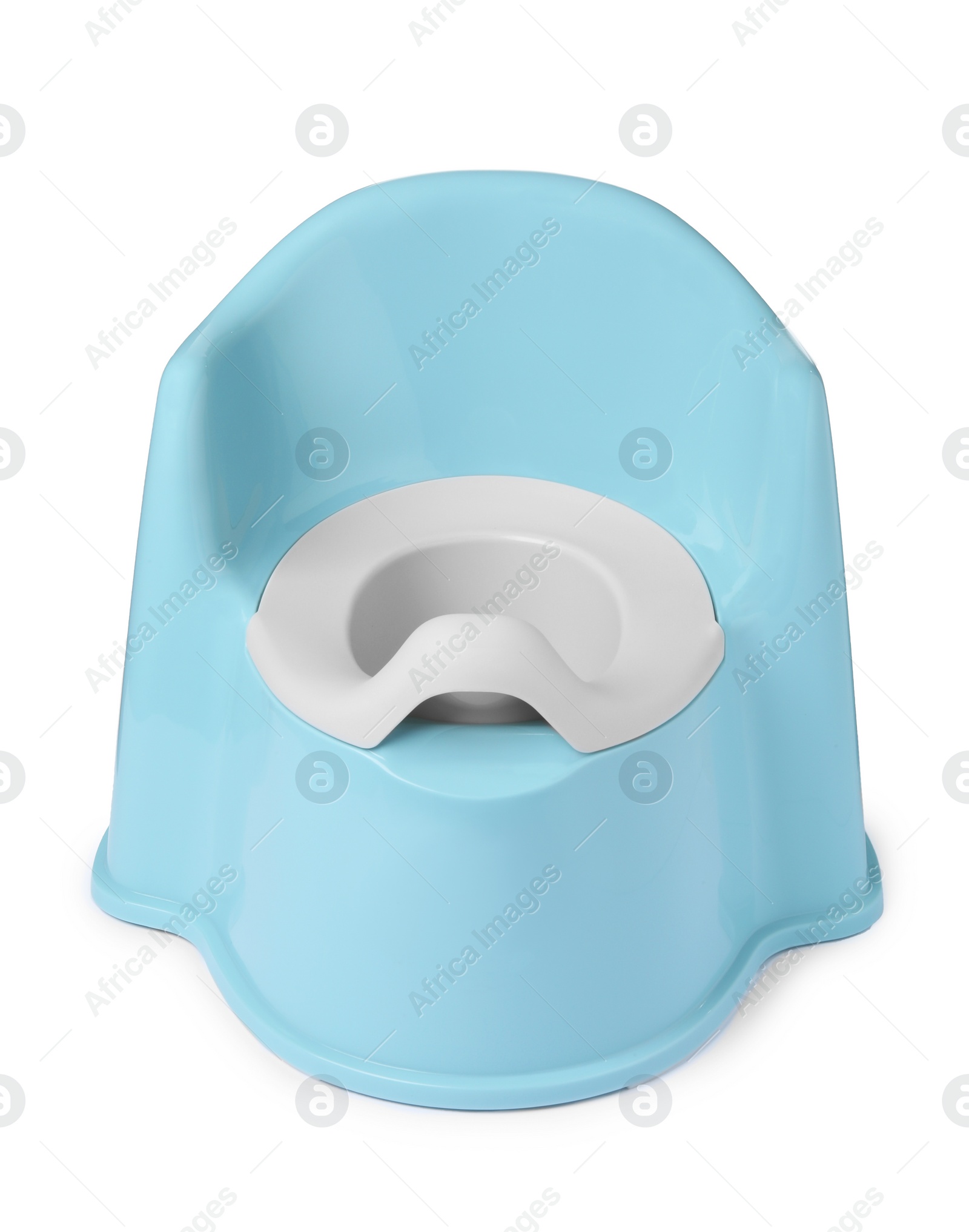 Photo of Light blue baby potty isolated on white. Toilet training