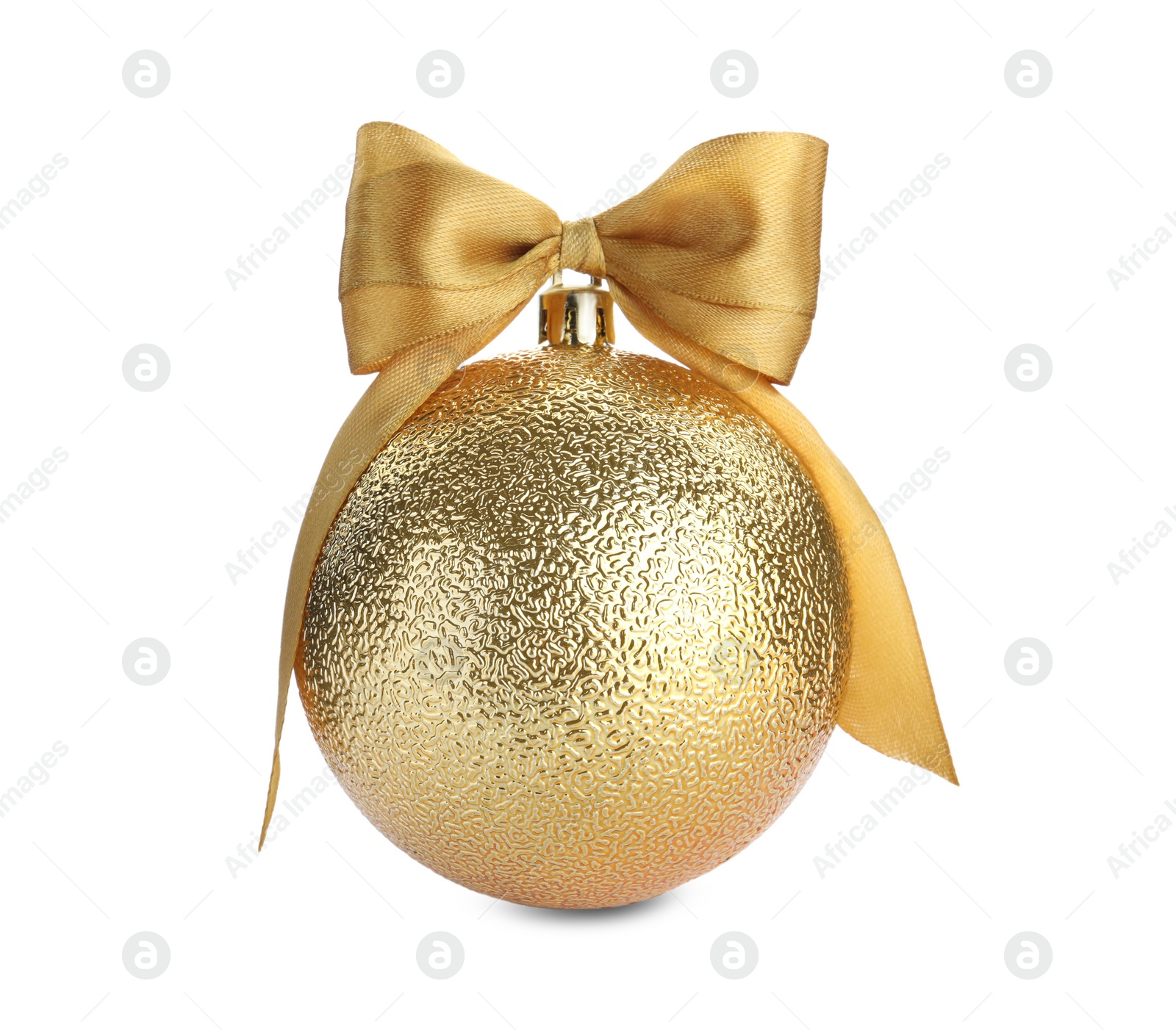 Photo of Beautiful golden Christmas ball with ribbon isolated on white