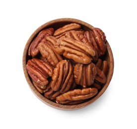 Photo of Tasty pecan nuts in bowl isolated on white, top view