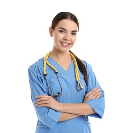 Portrait of medical assistant with stethoscope on white background