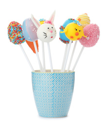 Photo of Different delicious sweet cake pops on white background. Easter holiday