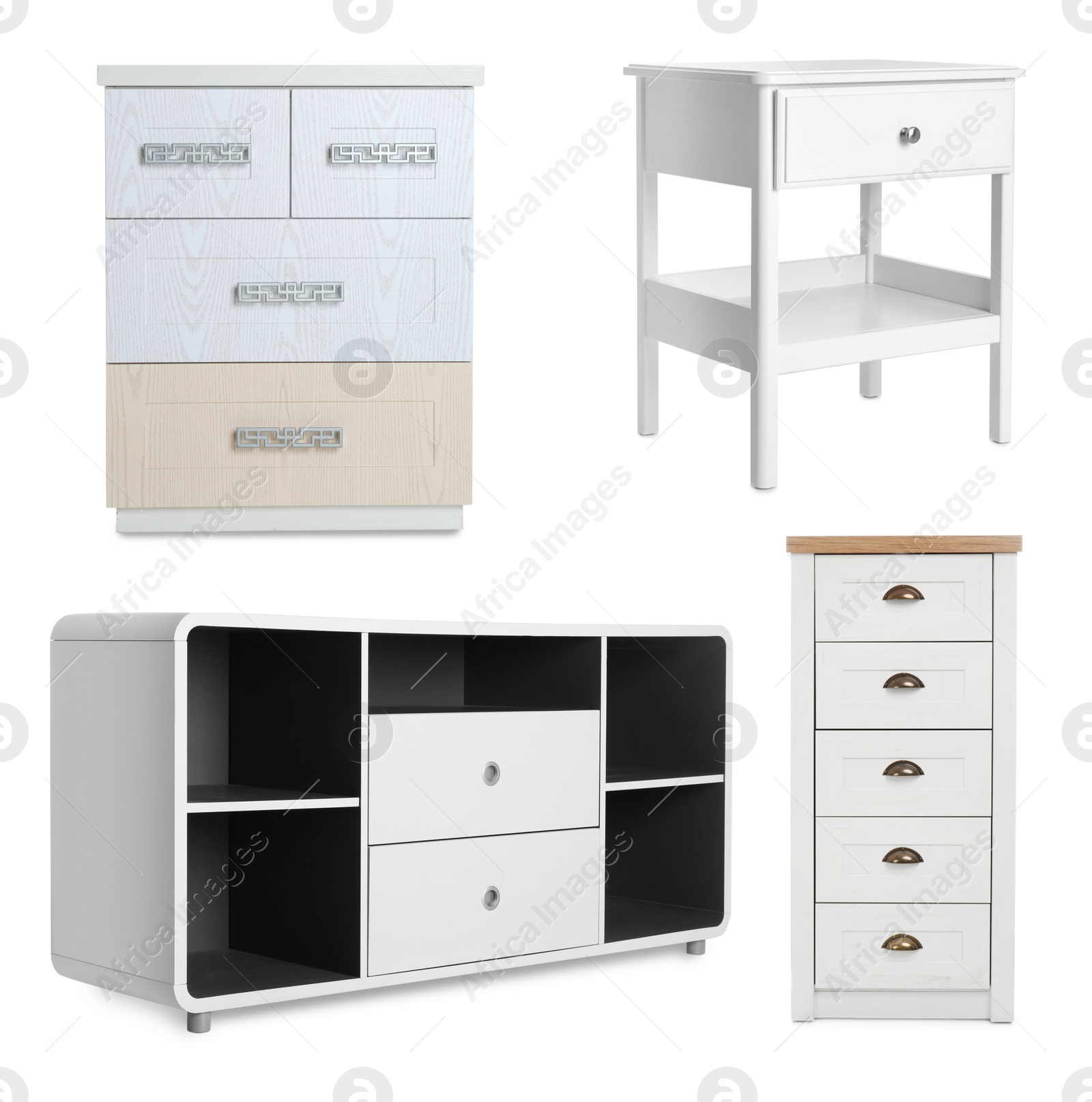 Image of Collage of different modern furniture on white background