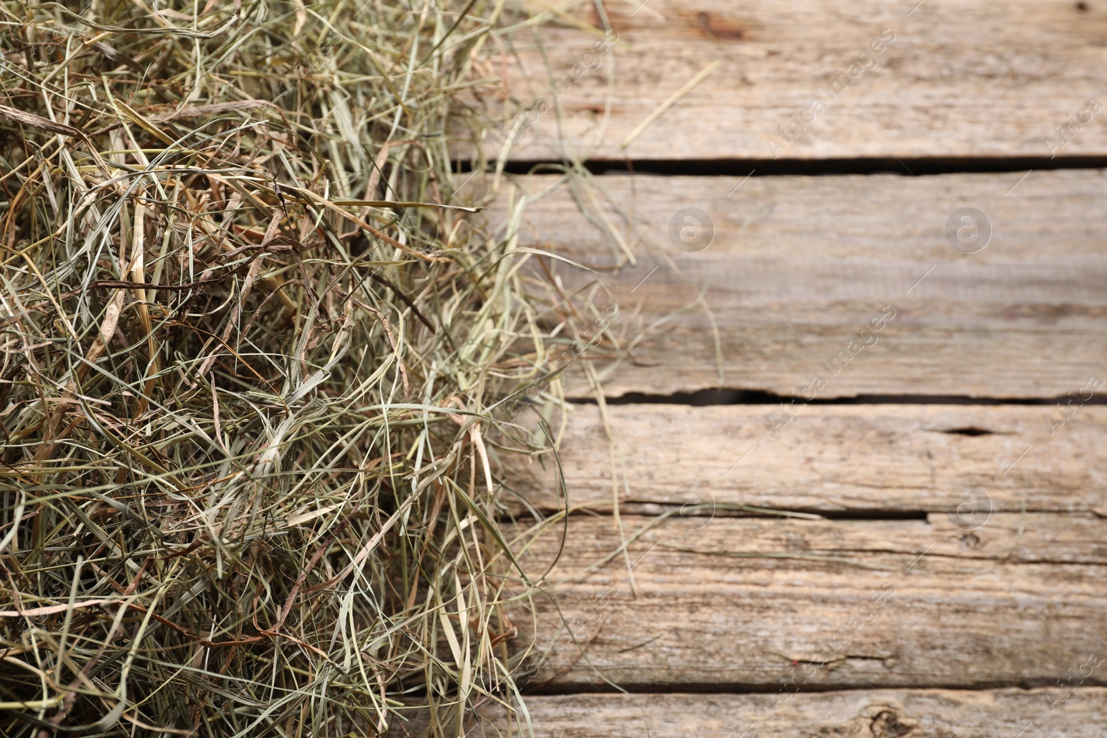 Photo of Dried hay on wooden table, above view. Space for text