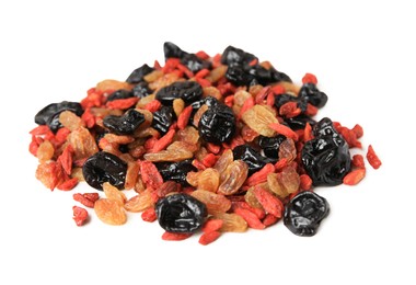 Pile of different tasty dried fruits on white background