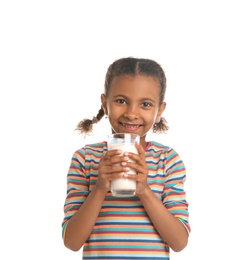 Photo of Adorable African-American girl with glass of milk on white background