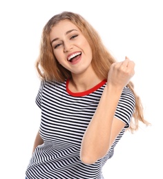 Photo of Happy young woman celebrating victory on white background