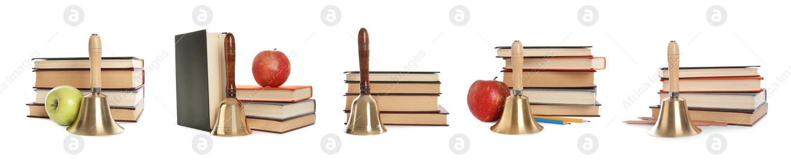 Image of Set with school bells and books on white background. Banner design