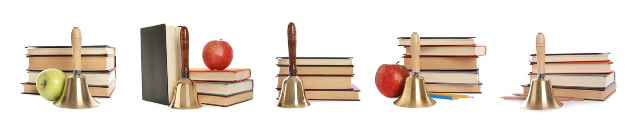 Image of Set with school bells and books on white background. Banner design