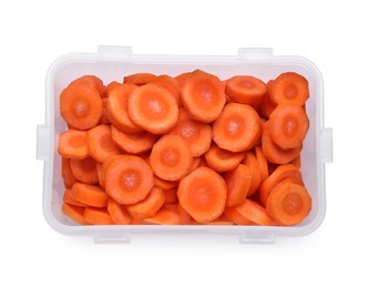 Photo of Plastic container with fresh cut carrot isolated on white, top view