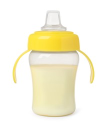 One feeding bottle with milk on white background