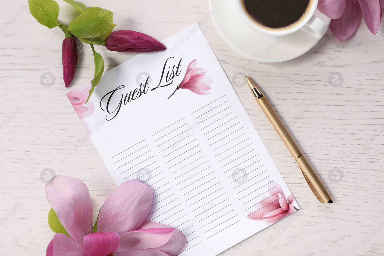 Photo of Guest list, coffee, pen and beautiful flowers on white wooden table, flat lay. Space for text