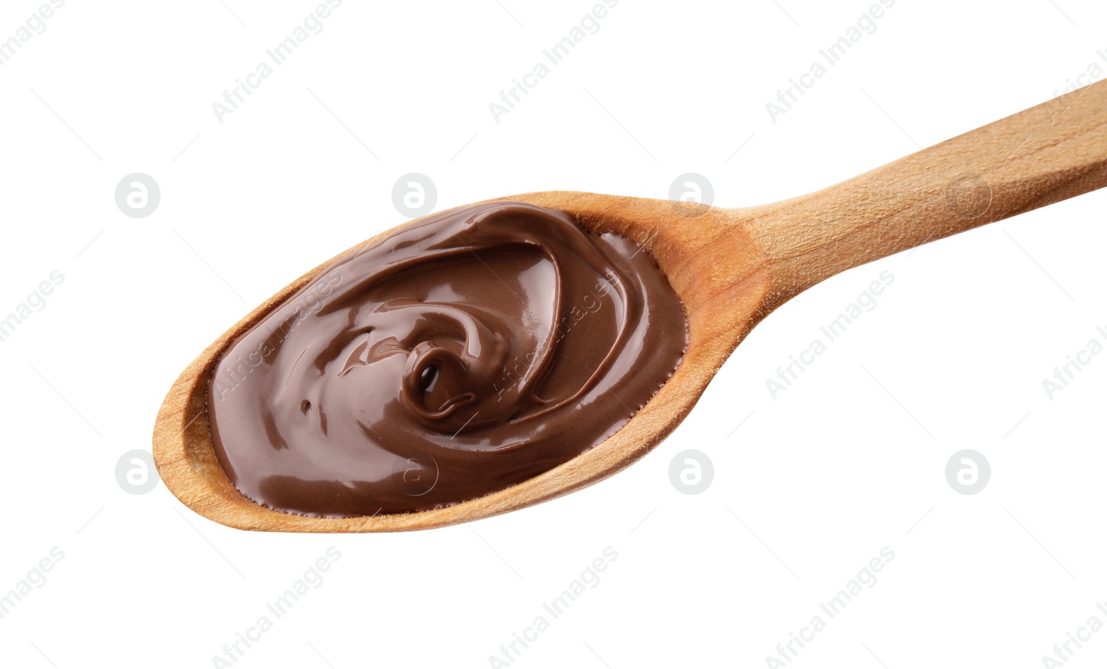 Photo of Wooden spoon with delicious chocolate paste isolated on white
