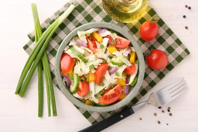 Tasty salad with Chinese cabbage served on white wooden table, flat lay