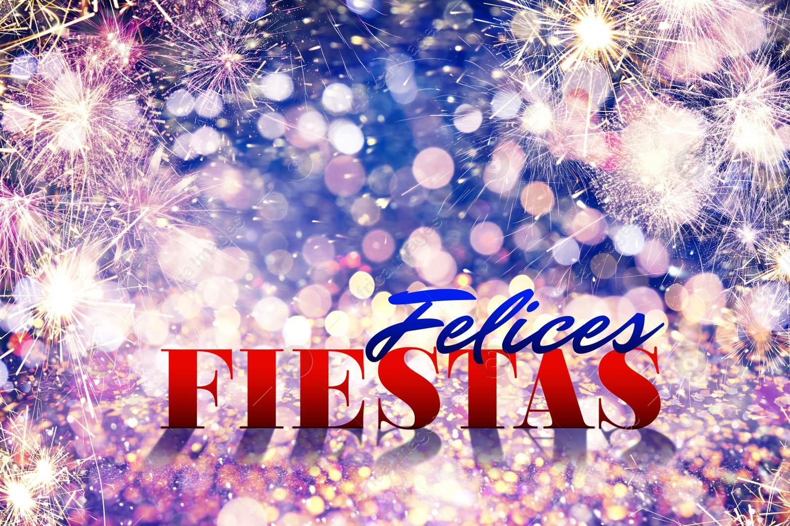 Image of Felices Fiestas. Festive greeting card with happy holiday's wishes in Spanish on bright background