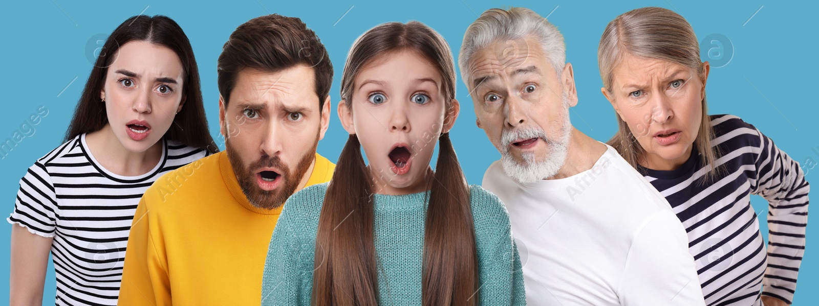 Image of Group of surprised people on light blue background, banner design