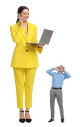Image of Small man shouting to giant woman on white background