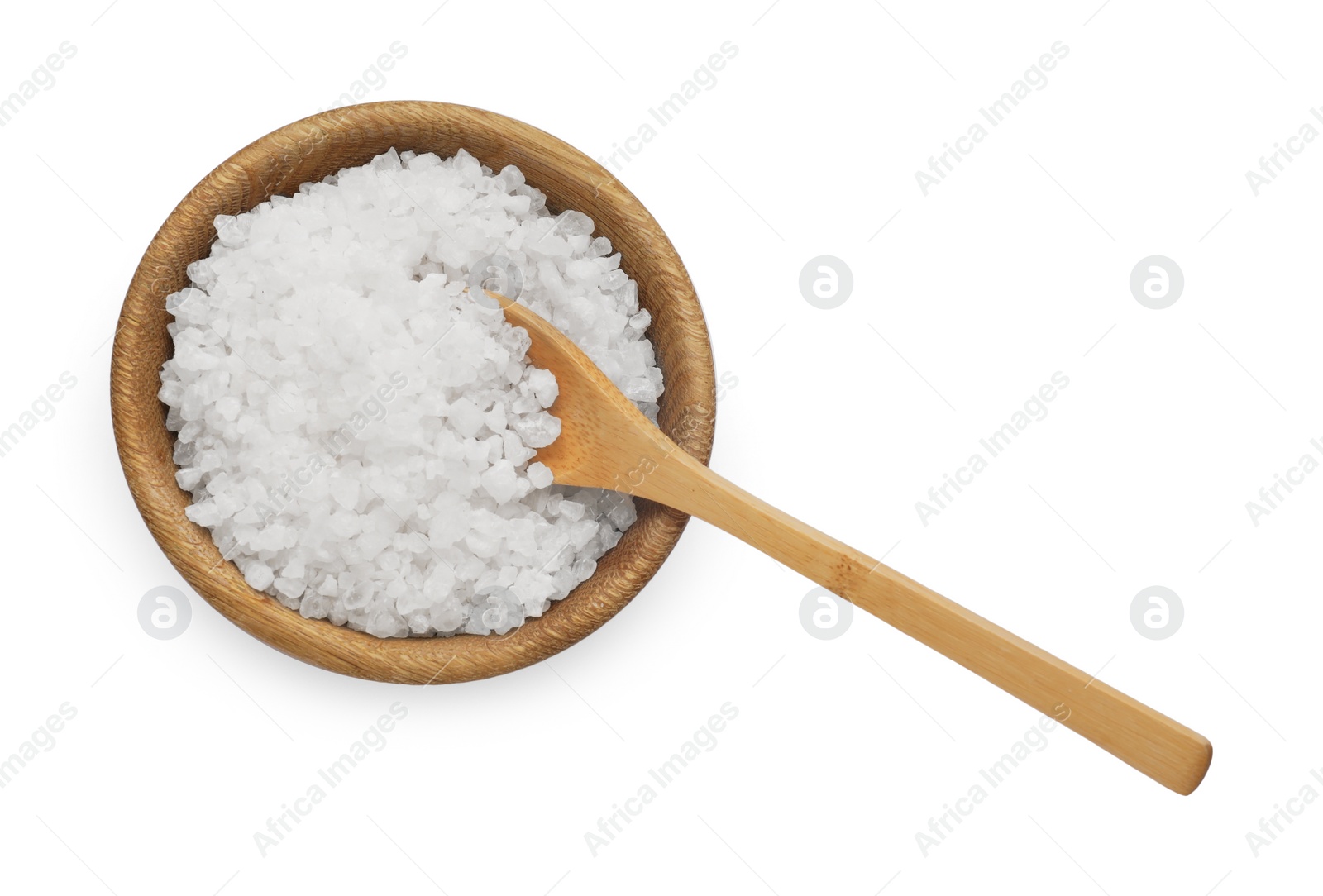 Photo of Bowl with sea salt and spoon isolated on white, top view