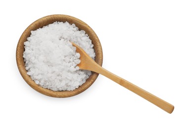 Photo of Bowl with sea salt and spoon isolated on white, top view