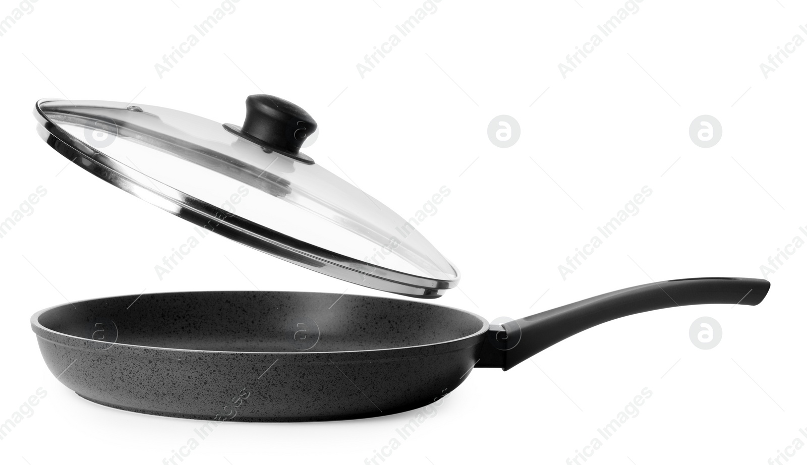 Photo of Empty modern frying pan with lid isolated on white