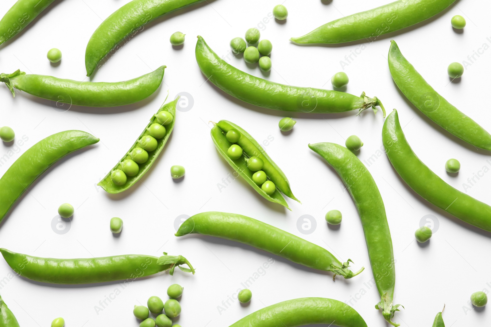 Photo of Flat lay composition with fresh peas on white background