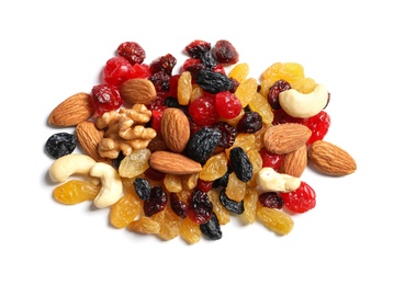 Photo of Different dried fruits and nuts on white background