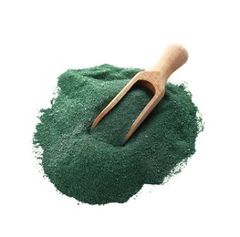 Photo of Spirulina algae powder and scoop on white background