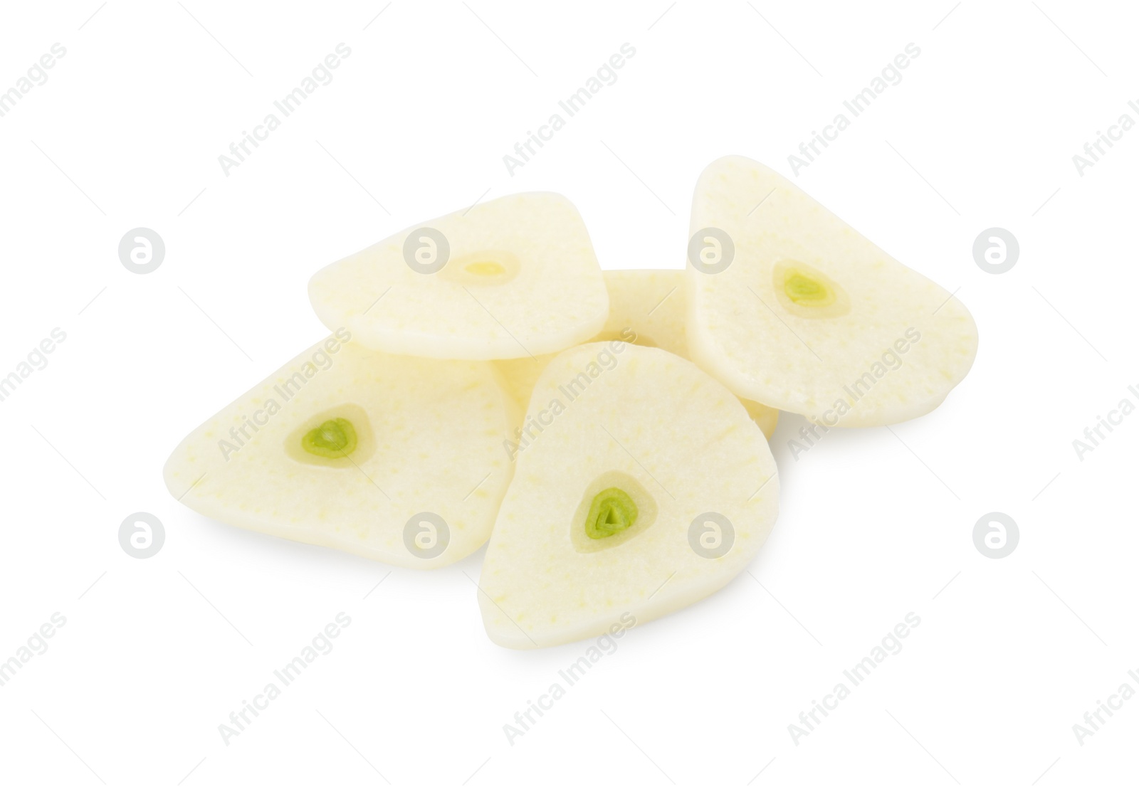 Photo of Pieces of fresh garlic isolated on white