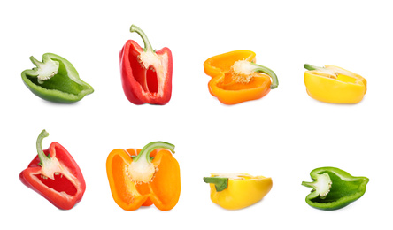 Image of Set of different ripe bell peppers on white background