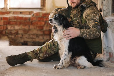 Ukrainian soldier sitting with stray dog in abandoned building, closeup